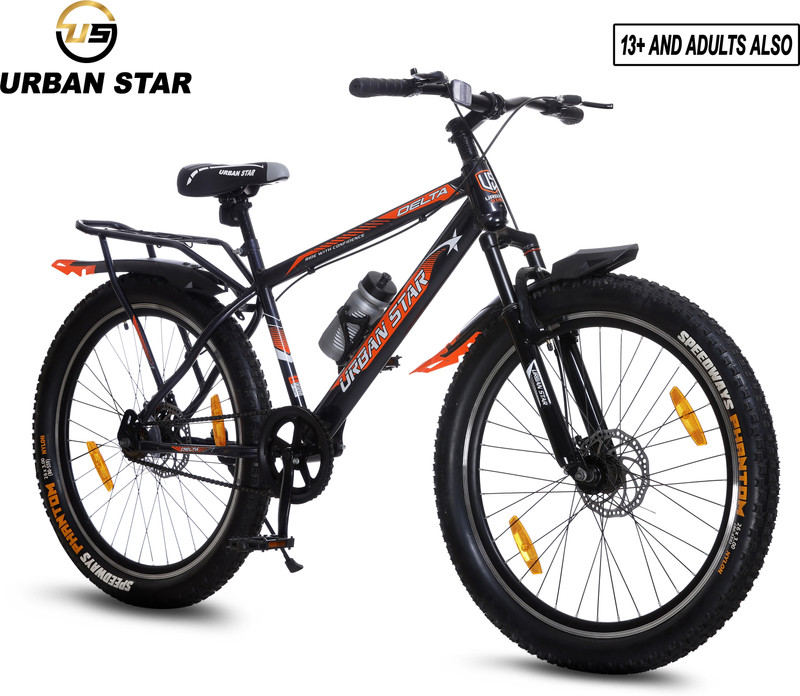 Urban Star 26T Double Disc with Carrier - Fat Tyres 26*300 - Pearl Black 26 T (inch) Fat Tyre Cycle(Single Speed, Black, Only Front Suspension)