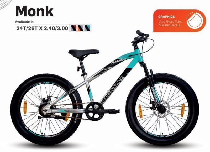 HERO MONK | Wheel Size 24*300 |FRONT-Suspension | Dual Disc Brake | 24 T (inch) Fat Tyre Cycle(Single Speed, Black, Only Front Suspension)
