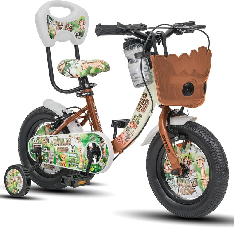 Oyekid WildHop 12T Kids Bicycle with Training Wheels, Basket & Backrest 12 T (inch) Recreation Cycle(Single Speed, Beige, Brown, Rigid)