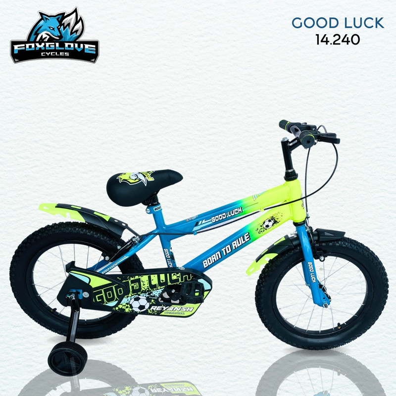 FOXGLOVE GOODLUCK 14T FLOURESCENT GREEN & M/BLUE KIDS CYCLE FOR AGE 3 TO 6 YRS 90% FITTED 14 T (inch) Road Cycle(Single Speed, Blue, Green, Rigid)