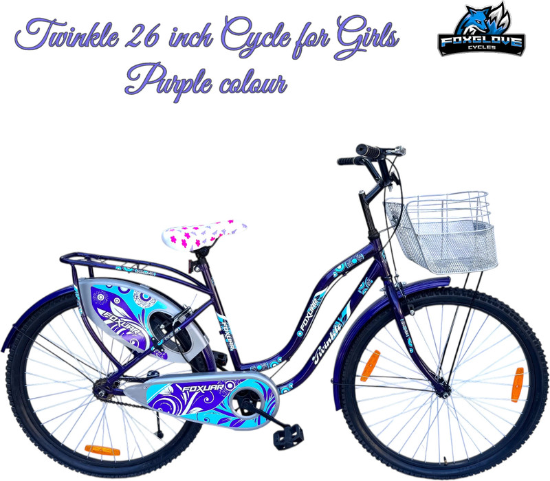 FOXGLOVE Twinkle 26 Inch Purple with Basket Girls Cycle for Height 4Ft to 6 ft 85% Fitted 26 T (inch) Road Cycle(Single Speed, Purple, Rigid)