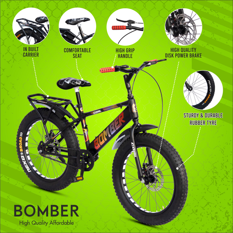 GOAL Bomber 20T Fat Tyre|| Double Disc|| In-built Carrier 20 T (inch) BMX Cycle(Single Speed, Black, Rigid)