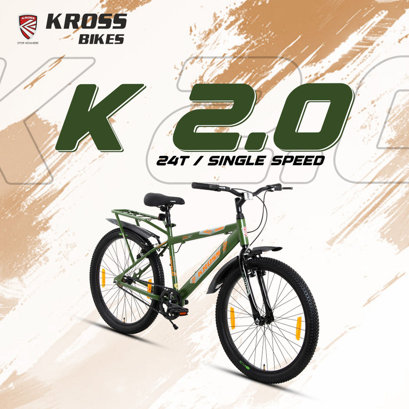 Kross K-2.0 | Army Green | Single Speed | Steel Frame | Dual V-Brake 24 T (inch) Mountain Cycle(Single Speed, Green, Rigid)