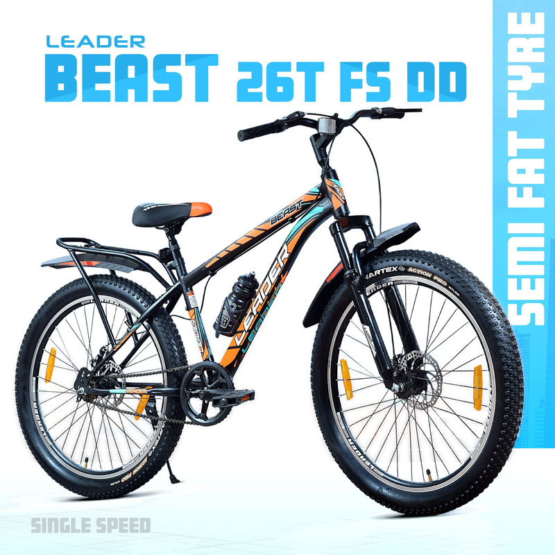 LEADER Beast 26 x 300 IBC Fat Bike/ Cycle for Men with inbuilt Carrier, Dual Disc Brake 26 T (inch) Mountain Cycle(Single Speed, Black, Orange, Only Front Suspension)