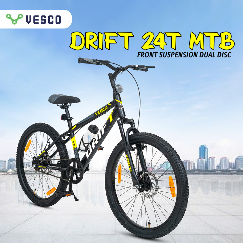 VESCO Drift FX300 24T Semi Fat Bike | Kids Bicycle for Boys 9-13 24 T (inch) Mountain Cycle(Single Speed, Black, Only Front Suspension)