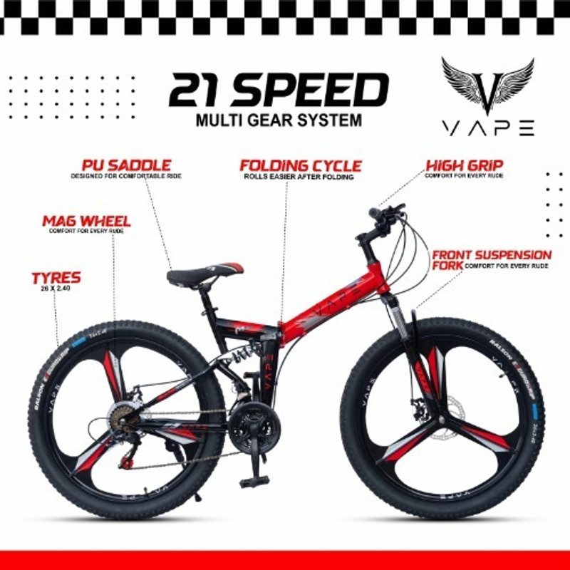 GOAL 21-Speed Folding bicycle with Front Suspension, Mag Wheels, 26×2.40 Tyres 26 T (inch) Folding Bikes/Folding Cycle(21 Gear, Multicolor, Only Front Suspension)