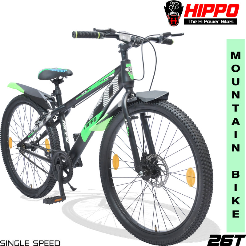 HippoBikes ACE Single Speed Rigid Fork Front Brake Disc Read Power Brake Steel Rim 26 T (inch) Mountain Cycle(Single Speed, Black, Green, Rigid)