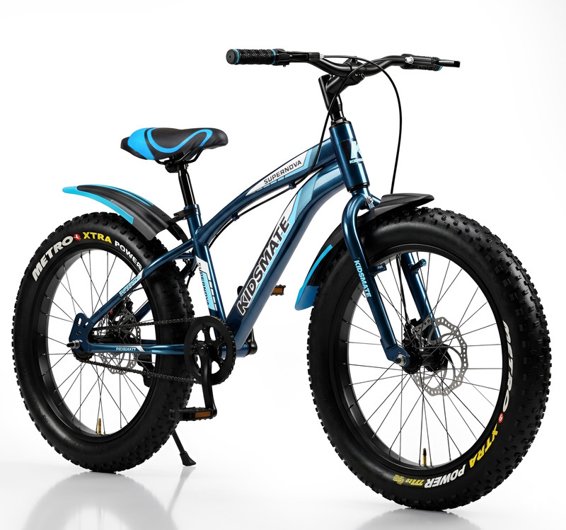 Kidsmate Supernva 2.0 Semi Fat Tire Cycle for Kids (7–10 Yrs) Dual Disc Brake,Rigid Fork 20 T (inch) Road Cycle(Single Speed, Blue, Rigid)