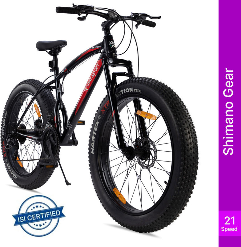 Cultsport by Cult Monstro Fat Bike With Shimano Geared, Cycling Event & Ride Tracking App 26 T (inch) Road Cycle(21 Gear, Black, Only Front Suspension)