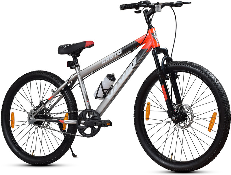 VIVID Creto 24T Single Speed Cycle for Men with Front Suspension & Dual Disc Brakes 24 T (inch) Mountain Cycle(Single Speed, Grey, Red, Only Front Suspension)