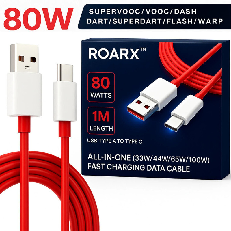 RoarX USB Type C Cable 8 A 1 m TPE 80W Charging Cable USB to Type C Warp Charger SuperVooc/Dash Super Charge Cable for Oneplus11,11R,10Pro,10R,10T,9RT,9R,8R,8T Cable for 6/6T/7/7T,Ce2 Lite 5G,Ce 3 5G,Ce3 Lite(Compatible with 80 Watt Fast Charge & Data Sync Cable SuperVooc/Dash/Warp Fast Charge Cable