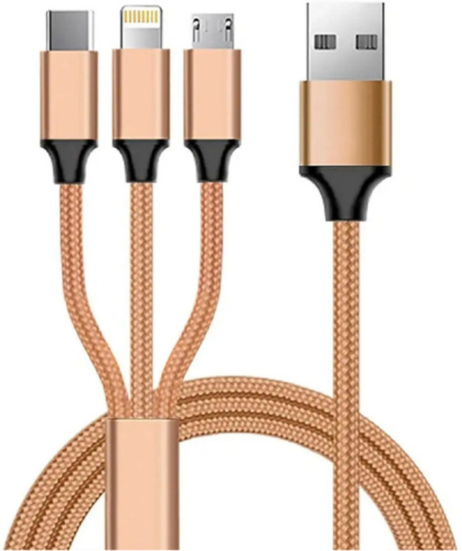 icall 3-in-1 Cable 1.2 m Nylon Braided 07 USB Fast Charging Cable for Android, iOS and Type C Devices(Compatible with TYPE C, ANDROID, IOS, Golden, One Cable)