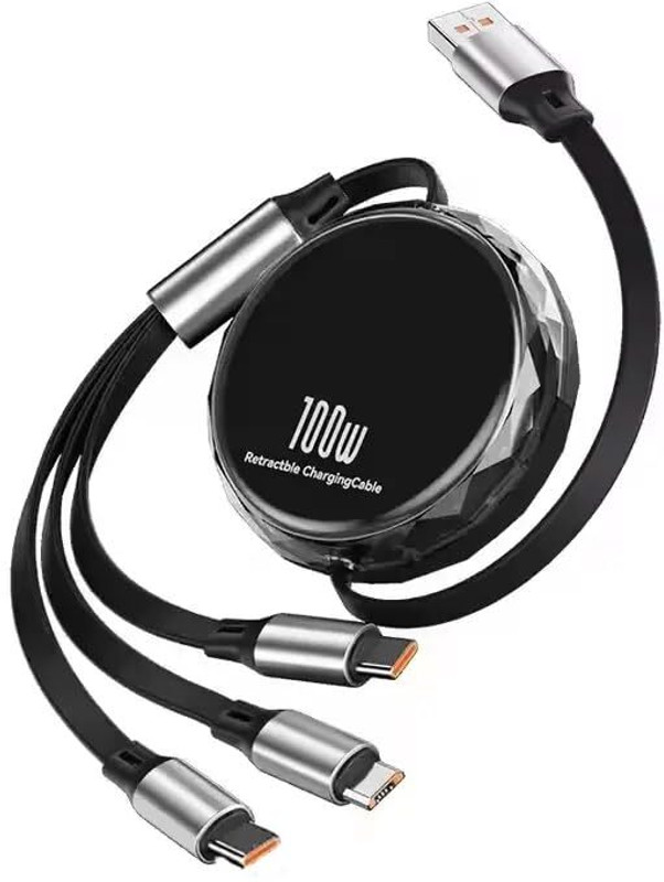 FKU 3-in-1 Cable 3 A 1.2 m 100W / 6A Speed Fast Charging Retractable USB 3.0 Cable 4 Ft / 1.2m to 3-in-1 Long Charging Cord with Type C + Micro USB + Lightning Connector(Compatible with Laptop, Black, One Cable)