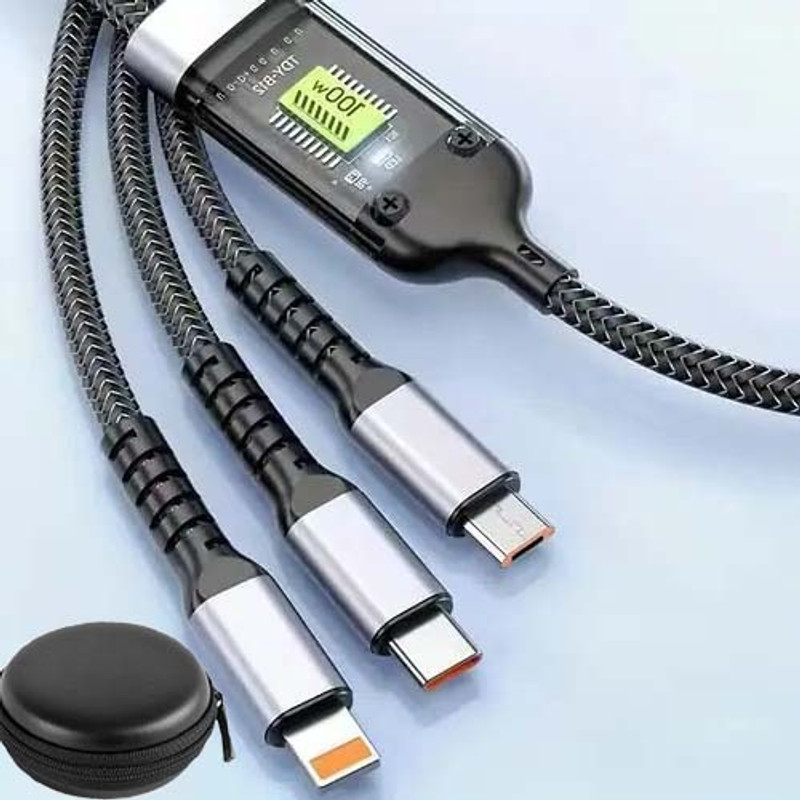 3D GOLDTM 3-in-1 Cable 1 m 3in1 Multipurpose Cord Transparent Luminous 100W Multi Charging Data Cable+Pouch(Compatible with All Type Of Android, Type-C And iOS Smartphones, Black, One Cable)