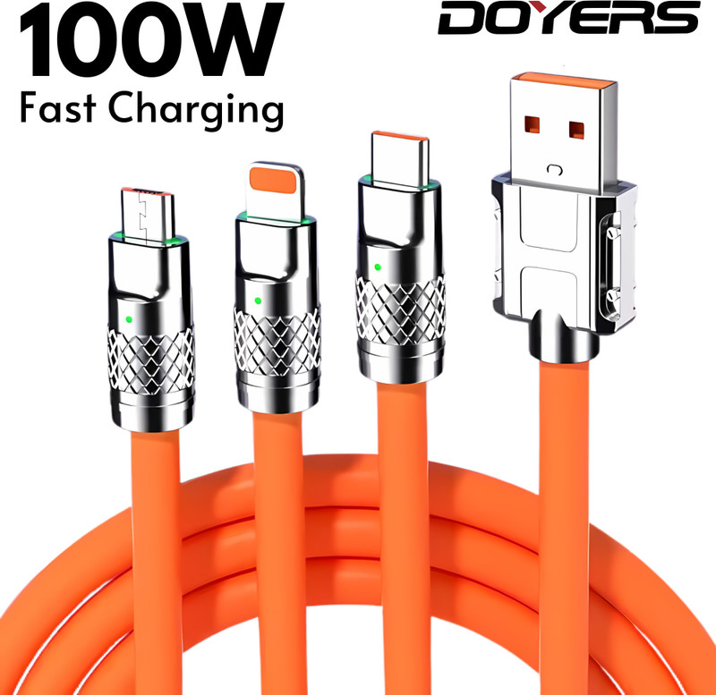 Doyers 3-in-1 Cable 6 A 1 m Silicone Multiple USB Cable Universal Charging Cord with Type-C, Micro USB and iP Port for Cell Phones and More(Compatible with Smartphones, iPhone, Android, Orange, One Cable)