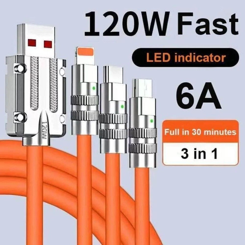 Smartnest 3-in-1 Cable 6 A 1 m METAL BRAIDED 3in1 Charging Cable With Type C, Lightning & Compatible with All Mobile C134(Compatible with Oppo,Realme,Narzo,Oneplus,Vivo,Iqoo,Samsung,Motorola,Mi,Redmi,Poco,iphone, Orange, One Cable)