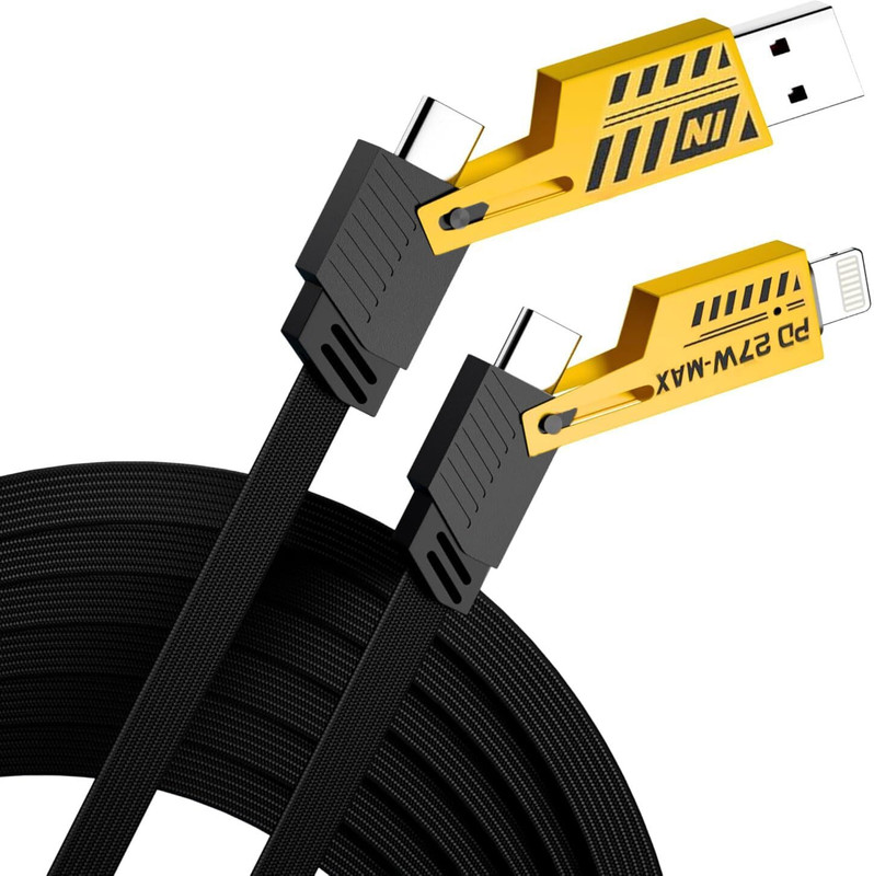 DR VAKU 4-in-1 Cable 1 m Nylon Braided Multi-Function 65W Fast Charging Cable, Dual Type-C & USB-A(Compatible with iPhone 16, 15 Series, Samsung, OnePlus & Other Devices, Yellow&Black)