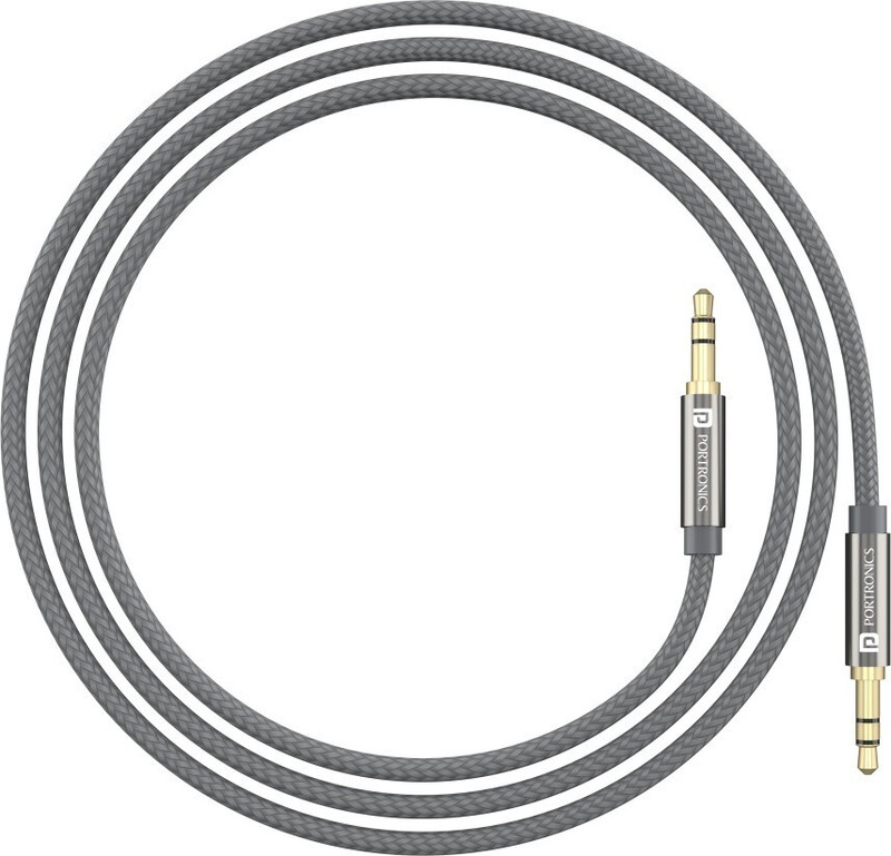 Portronics AUX Cable 2 m Konnect Aux 7 Male to Male 3.5mm Gold Plated Connectors(Compatible with Smartphones, Grey, One Cable)