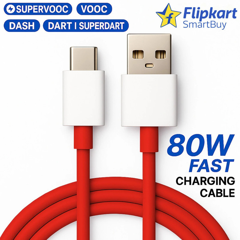 Flipkart SmartBuy USB Type C Cable 8 A 1 m TPE 80W Supervooc charger Cable supports 65W supervooc cable 33w supervooc cable 30W SUPERVOOC Dash Data Cable Wire For Dart / SuperDart Charging Compatible with Realme & OnePlus 12/OnePlus 12r /OnePlus 11/OnePlus 11R/OnePlus 10 Pro/OnePlus 10R/OnePlus 9R/  - 90% off at DetectaDeal