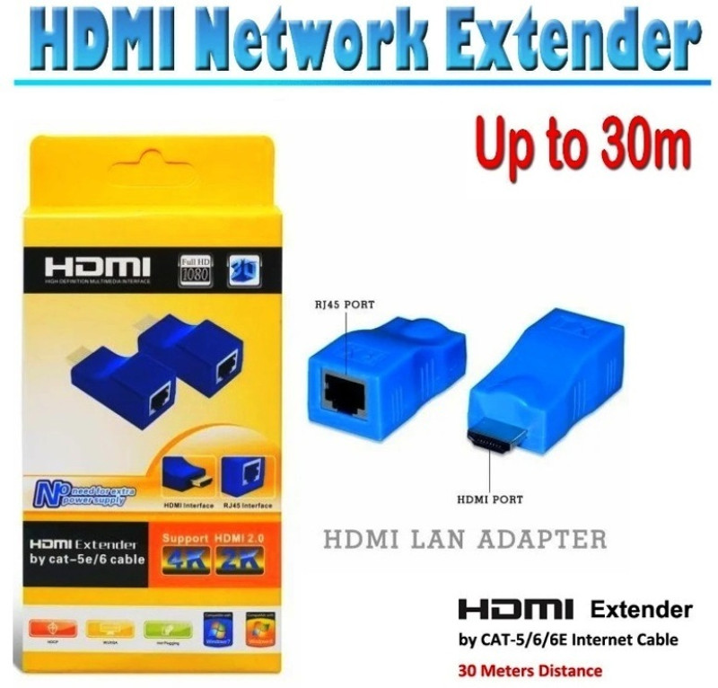BALRAMA HDMI Extender Range 30 mtr RJ45 Cat5e/6 Network LAN Ethernet Adapter Repeater Combo Set(Blue)