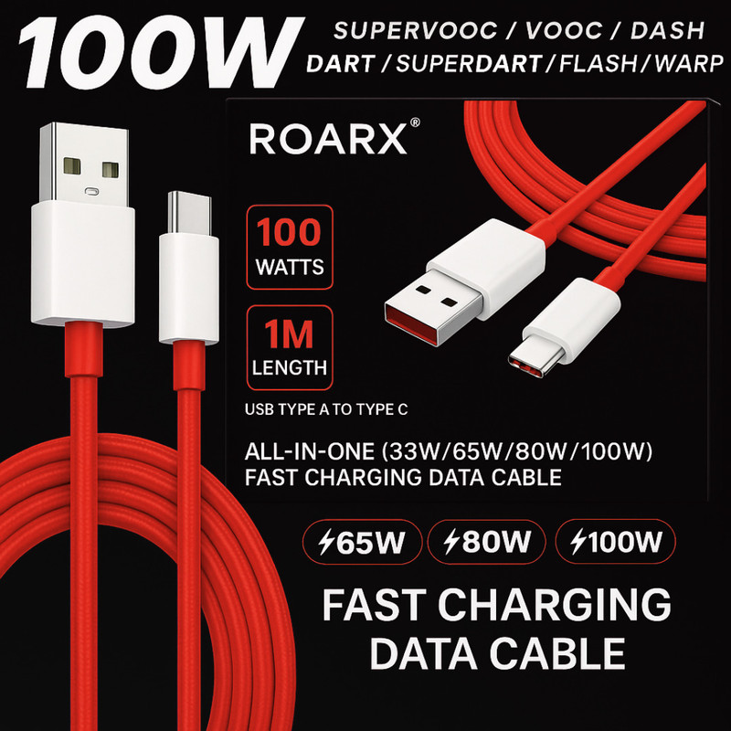 RoarX USB Type C Cable 10 A 1 m TPE 100W SuperVOOC/Dash/Wrap charger Cable Compatible with oneplus OnePlus 12/OnePlus 12r /OnePlus 11/OnePlus 11R/OnePlus 10 Pro/OnePlus 10R/ 9R/ 8 / 8T / 7 / 7T / 6(Compatible with SUPERVOOC, VOOC, DASH, WARP 80W 65W 33W WARP Type C Cable Data Cable, Red, One Cable)