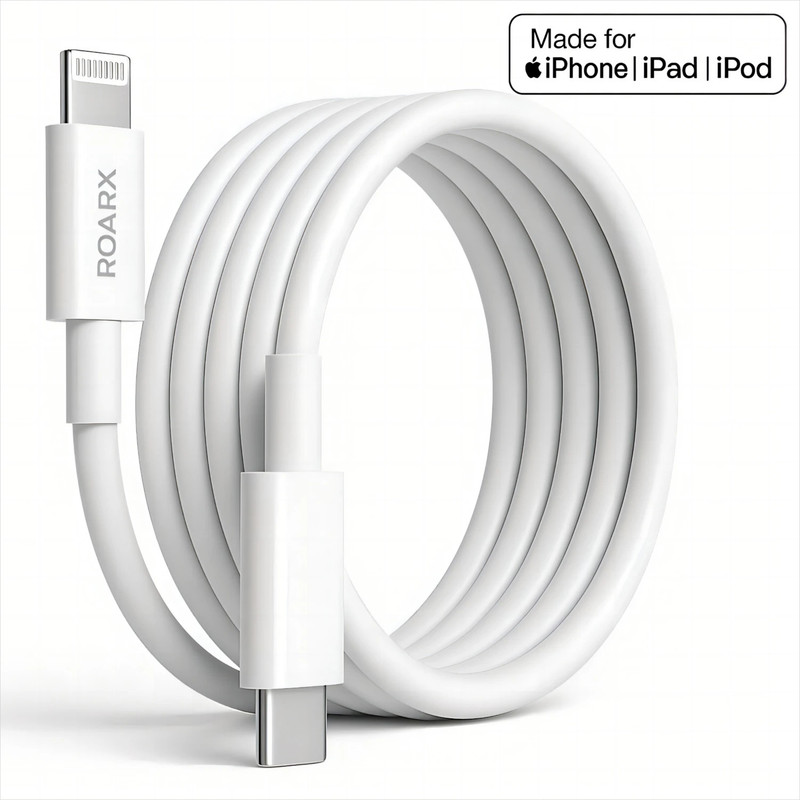 RoarX Lightning Cable 3 A 1 m Original quality Type-C to Lightning Cable Apple Certified (Mfi) Sync & Charge Cable(Compatible with iPhone 6/6S/7/7+/8/8+/10/11/12/13, iPad Air/Mini, iPod, and iOS Devices, White, For IPhone, Ipad & IPod. Fast Charging Lightning Cable, One Cable)