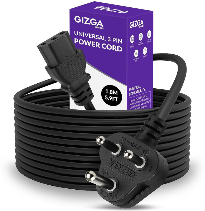 Gizga Essentials Power Cord 1.8 m Universal 3 Pin Power Cord, ISI Certified, Copper Core for PC, TV, Printer(Compatible with Desktop PC, CPU SMPS, Monitor Printer Projector TV Game, Black)