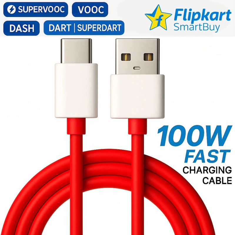 Flipkart SmartBuy USB Type C Cable 10 A 1 m 100W SuperVOOC Cable 80W SuperVOOC Cable(Compatible with oppo,realme,narzo,oneplus,vivo,iqoo,samsung,motorola,mi,redmi,poco, Red, White, One Cable)