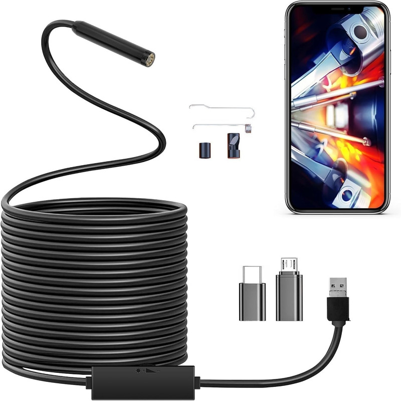 SUICUNE Type C 2 m Endoscope Camera with Light, 1280P HD borescope Camera,IP67 Waterproof Snake,16.4ft Semi-Rigid Inspection Tool with 6 LED Lights, Borescope for iPhone/Android (Micro-USB/Type-C/Lightning)(Compatible with SMART PHONE, IOS, ANDROID, Black, One Cable)