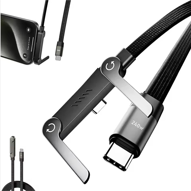 FYNC Type C 1.5 m 240W Type-C to Type-C Fast Charging Cable with Foldable Phone Stand, 360° Rotation, Braided Design, 480 Mbps Data Transfer(Compatible with Samsung, Xiaomi, OnePlus, Pixel, Oppo, Vivo, Apple, Black, One Cable)
