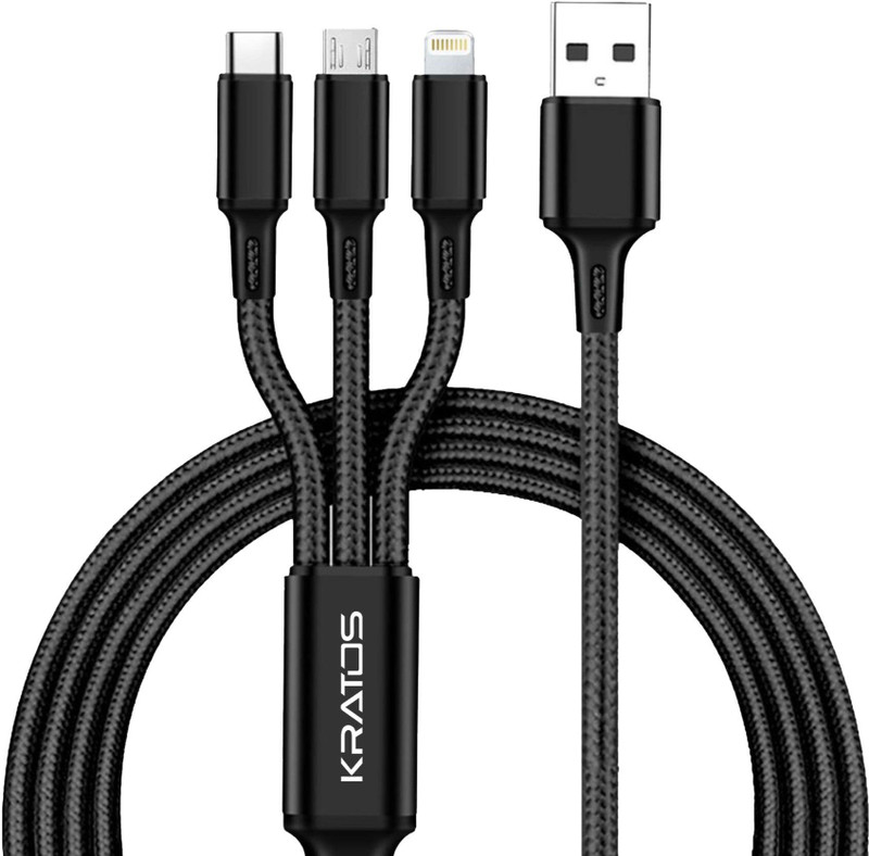 Kratos Type C 2 A 1 m Nylon Braided Multi Charging Cable(Compatible with Mobile, Tablet, Power Bank, Speaker, SmartWatch, Black, One Cable)