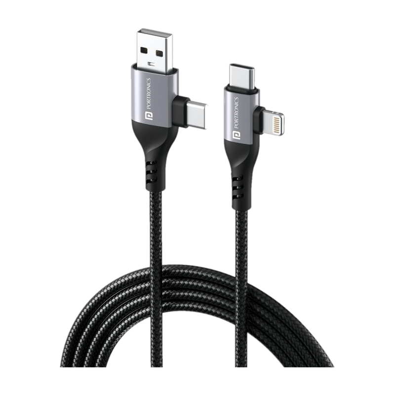 Portronics 4-in-1 Cable 3 A 1 m Konnect 4 IN 1 Multi Functional with Nylon Braided Fast for Android, iOS Devices(Compatible with Smartphones, Tablet, Laptop, Macbook, Black, One Cable, NA)