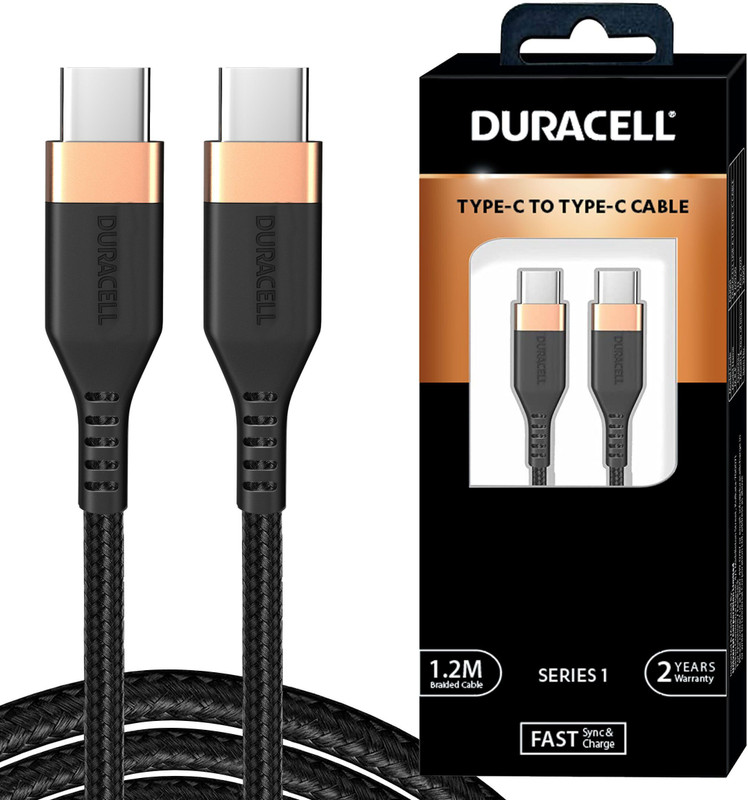 DURACELL Type C 1.2 m USB C To Type C, 4A Braided Sync & Quick Charging Cable, 3.9 Feet (1.2M)(Compatible with Mobile, Tablet, Powerbank, Laptop, Compatibile all devices, Black)