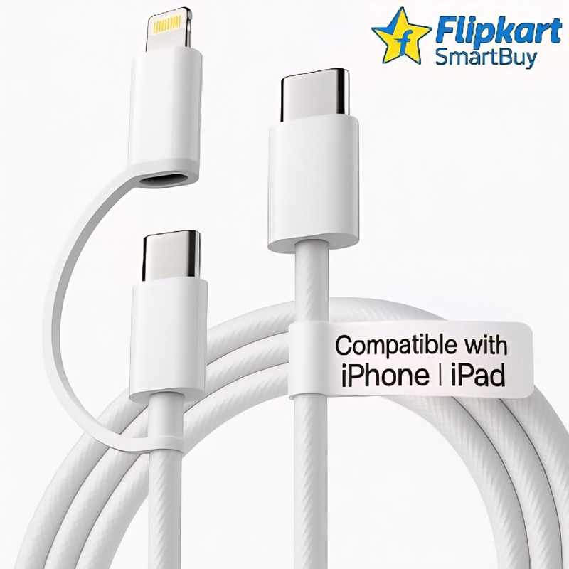 Flipkart SmartBuy Type C 1 m Braided 2 in 1 Data Cable USB C to C , USB C to Lightning & Type C Charging Cable for iPhone Air/17/17 Pro & Pro Max,16e/16/16 Plus/16 Pro & Pro Max,iPhone 15/14/13/12/11 Series | Fast Charging data cable c | Lightning Cable | Compatible with Samsung Type C Phones & Type
