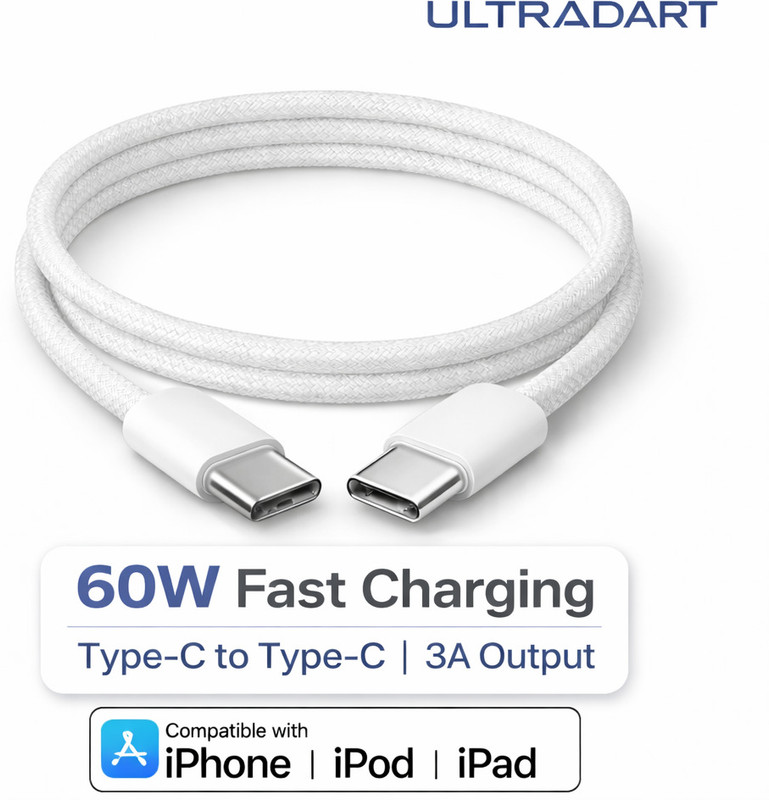 ULTRADART USB Type C Cable 3 A 1.01 m user friendly Braided 60W Braided USB-C charging Cable for i15/15 Pro/ 15 Pro Max(Compatible with only for iphone and ipad , i15 series and i16 series, White, One Cable)