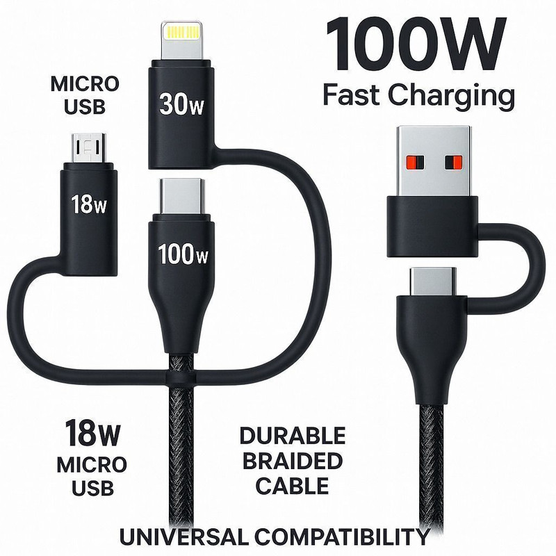 ULTRADART USB Type C Cable 6.5 A 1 m braided New-6-in-1 Multi Charging Cable | USB-A & USB-C to Type-C, Lightning & Micro USB | Universal Charging | Braided Strong Cable(Compatible with iphone,oppo,realme,narzo,oneplus,vivo,iqoo,samsung,motorola,mi,redmi,poco, Apple, Black Grey, One Cable)