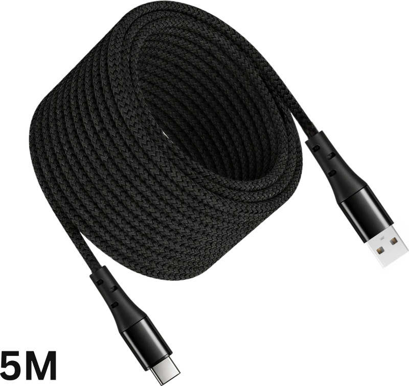 Sulania USB Type C Cable 3 A 5 m Nylon Braided 20W Fast Charging USB A to Type C Cable 5 Meter(Compatible with oppo,realme,redmi,oneplus,vivo,motorola,samsung,cmf,all type c devices, Black, One Cable)