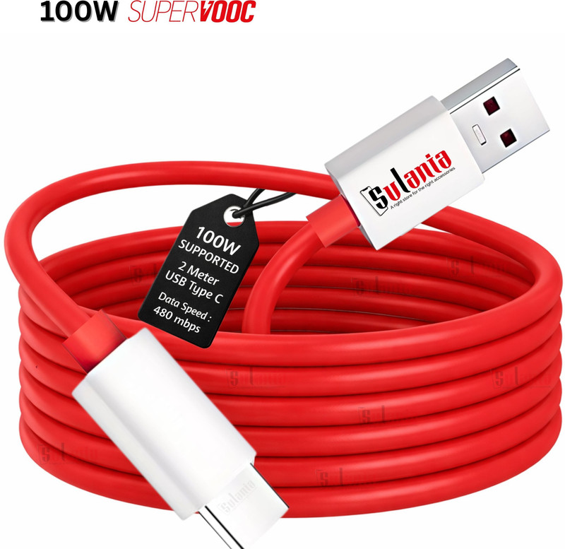 Sulania USB Type C Cable 7 A 2 m 100W USB Type C Data SuperVOOC, WARP, DASH(Compatible with Realme,Oppo,Oneplus, Vivo, iqoo, Xiaomi, Other Type C Mobiles, Red, One Cable)