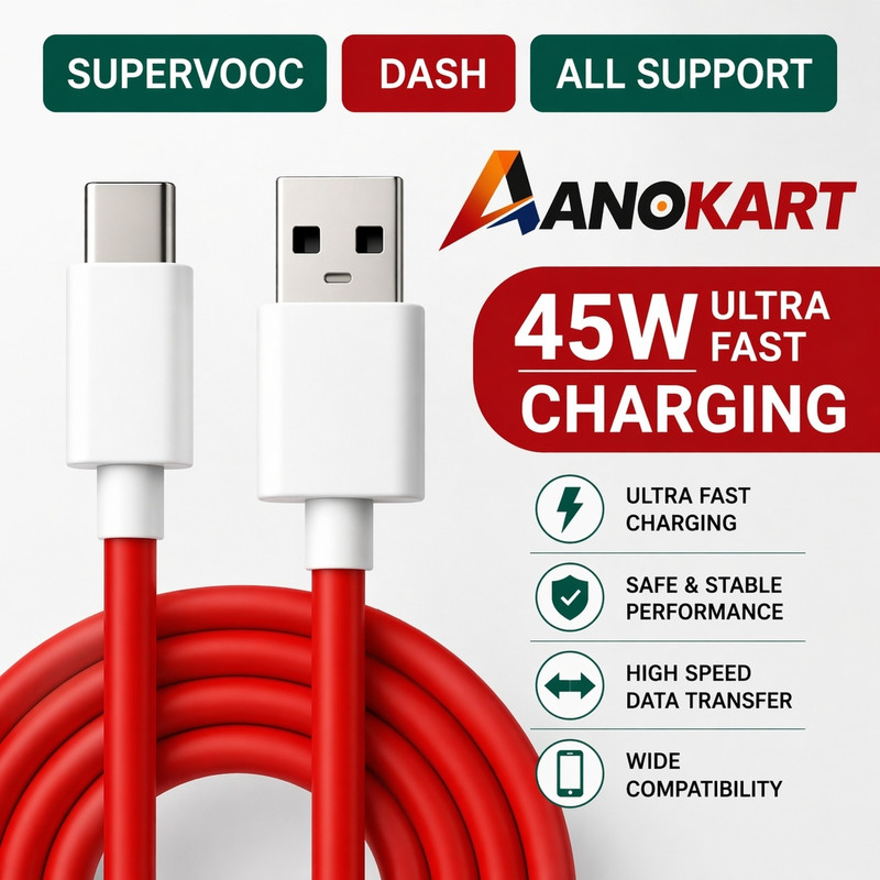 Anokart USB Type C Cable 9 A 1 m All Device Support Data Cable, Lava Redmi Poco Redmi Samsung, Oppo One plus(Compatible with Anokart 45W Type C Cable Fast Charging Dash SuperVOOC Support, Red, One Cable)