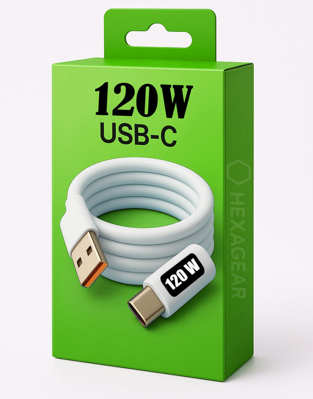 HexaGear USB Type C Cable 3 A 1 m Copper Braiding 120W Superfast USB-C Charging Cable for Android & Laptop Use,(Compatible with Oppo,Realme,Narzo,Oneplus,Vivo,iQOO,Samsung,Moto,Infinix,TECNO,POCO,MI,, White, One Cable)