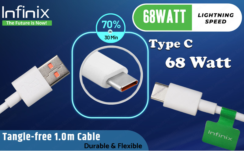 Infinix USB Type C Cable 1 m 68 Watt Model No. C060-A(Compatible with Infinix C type Phone &, GT 10 Pro, Zero 30 (X6731), Note 30 Pro, Pova 5 Pro (LH8n), White, One Cable)