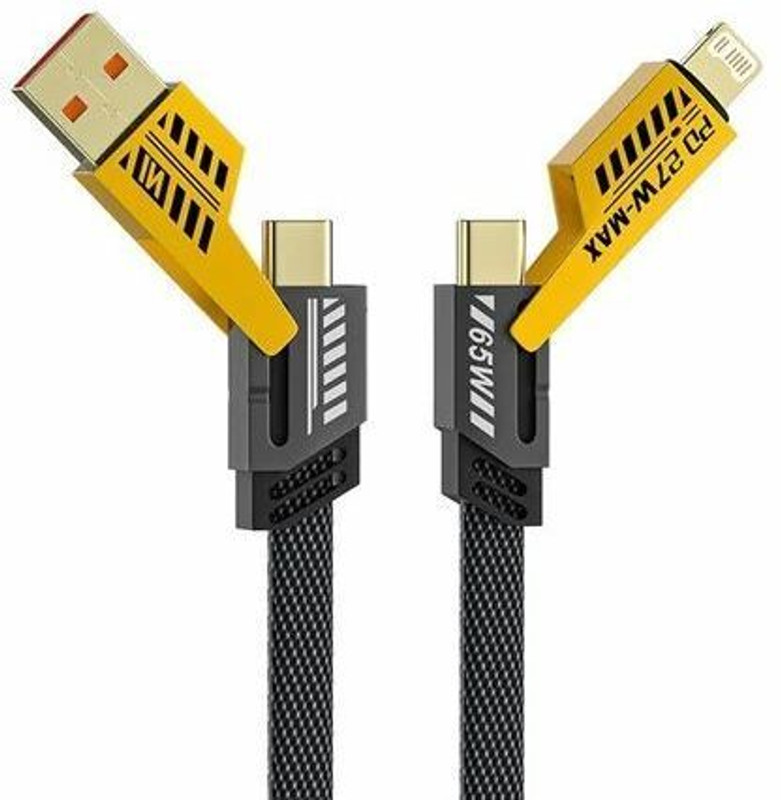 VOOCfiT USB Type C Cable 13 A 1 m Nylon METAL 4 in 1 cable 65W Fast Charging , 27W Compatible for- ios & Android with MFI Certified cable(Compatible with Oppo,Realme,Narzo,OnePlus,Vivo,iQoo,Samsung,Moto,TECNO,Nothing,iNFINIX, Black, Yellow, One Cable)