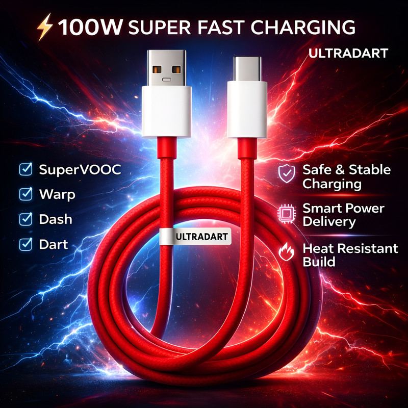 ULTRADART USB Type C Cable 6.5 A 1 m OEM 65W-10W/WARP/DASH/SUPERVOOC/SUPERDART CHARGER(Compatible with oppo,realme,narzo,oneplus,vivo,iqoo,samsung,motorola,mi,redmi,poco, 100W,80W,65W, Red, One Cable)
