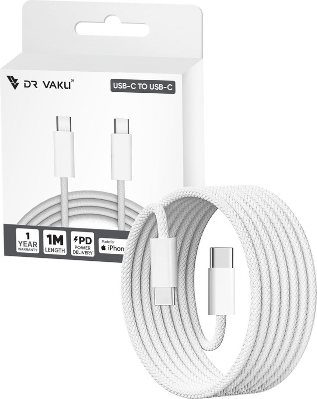 DR VAKU USB Type C Cable 1 m Nylon Braided Type-C to C Data Cable (Apple MFi Certified)(Compatible with iPhone 16, 15 Series, Samsung Galaxy, Laptop & Other Android, Pack Of 1, White)
