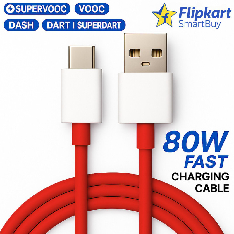 Flipkart SmartBuy USB Type C Cable 8 A 1 m TPE 80W Fast Charger Cable Supports VOOC/WARP/DASH/SUPERVOOC/SUPERDART CHARGER Cable Compatible with OnePlus 12/11/10/9/8/Nord CE Series(Compatible with oppo, realme, narzo, oneplus, vivo, iqoo, samsung, motorola, mi, redmi, poco, Red, White, One Cable)