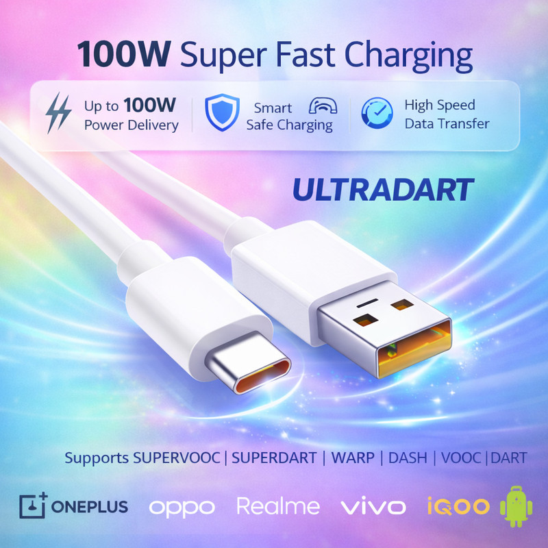 ULTRAWARP USB Type C Cable 1.05 m original 100W SuperVOOC Type-C Fast Charging Cable | 10A High Power | Ultra Fast Charge(Compatible with oppo,realme,narzo,oneplus,vivo,iqoo,samsung,motorola,mi,redmi,poco, 100W,80W,65W, White & Yellow, One Cable)