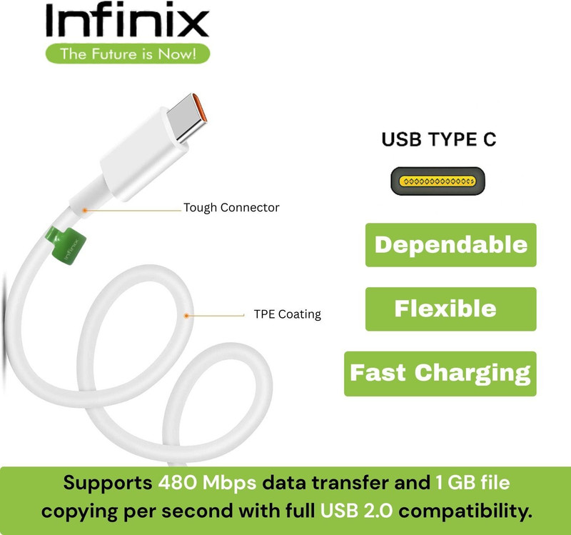 Tecno Type C 1 m 33 Watt Cable Model no. C033-C(Compatible with Tecno mobile C type, White, One Cable)