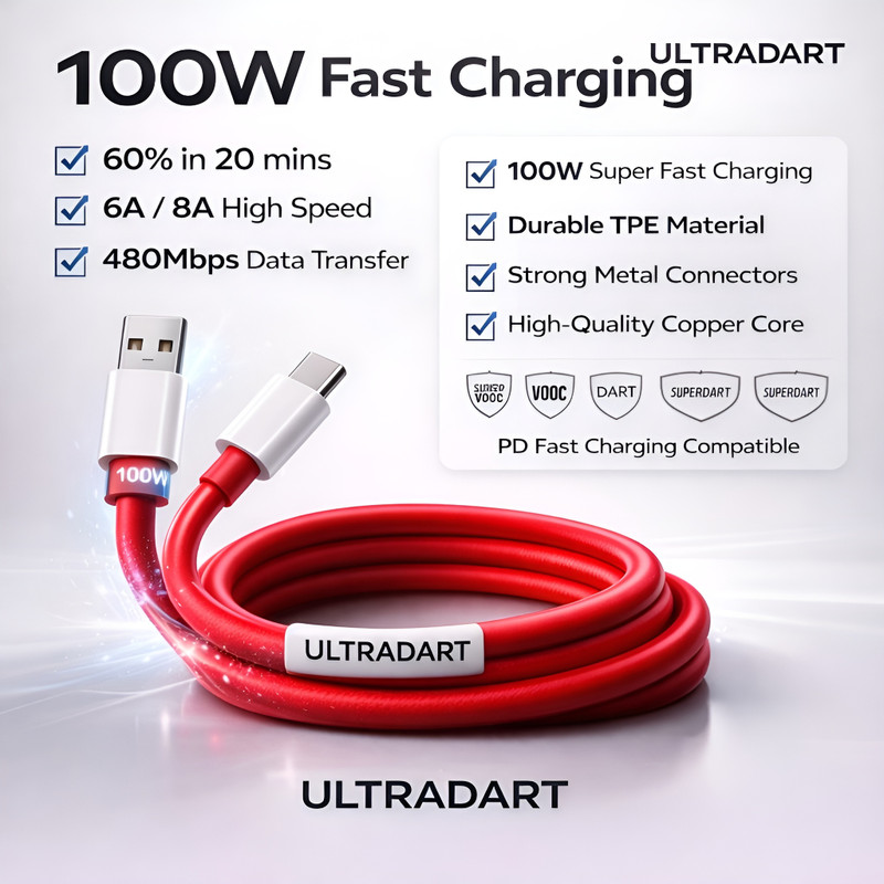ULTRAWARP USB Type C Cable 8 A 1.12 m original 65W/10V/6.5A Warp Charging Cable Type C Fast Chaging Cable(Compatible with oppo,realme,narzo,oneplus,vivo,iqoo,samsung,motorola,mi,redmi,poco, 100W,80W,65W, Red, One Cable)
