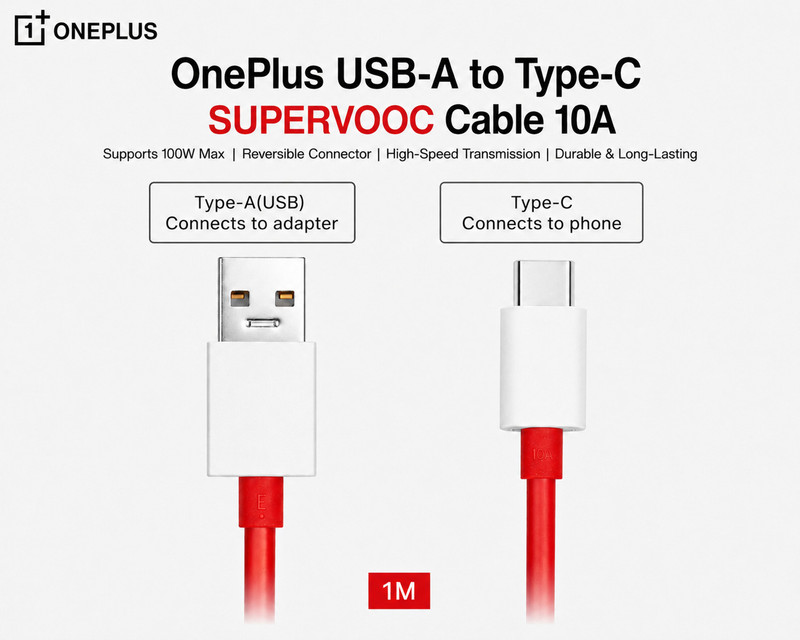 OnePlus SUPERVOOC USB-A to Type-C Cable 10A 1 M (Red)Official Authentic Product Power Meter for Cables