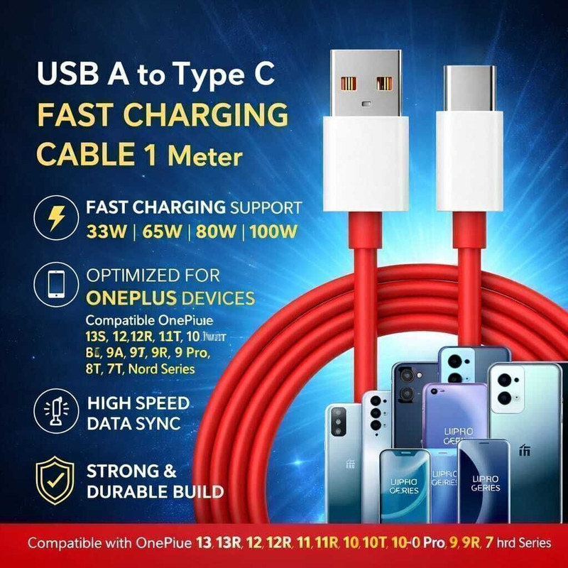 shanyansh USB Type C Cable 8 A 1 m yes One Plus Fast 100W Original USB Type C Data Sync Fast Charging Charger Cable for One Plus 13,13s,13r,12,12r,11,11r,10,10r,10t,10pro,9,9rt,9r,9pro,8,8t,7t,7pro,Nord 5,CE5,CE4,CE3,CE2lite,4,3,2,2T(Compatible with one Plus ,Vivo,Oppo, Red, One Cable)